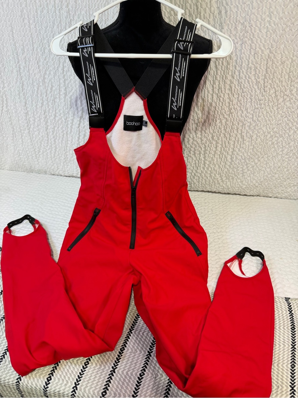 Boohoo Red Ski Bib Jumpsuit with Branded Black Straps